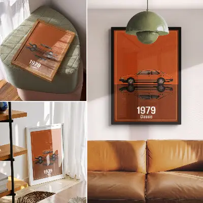 Premium stenski plakat retro avto v oranžnem vintage slogu