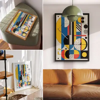 Geometrijski vzorci v kontrastnih barvah eleganten plakat za dnevno sobo
