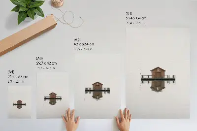Plakat lesena koča v minimalističnem slogu ob vodi