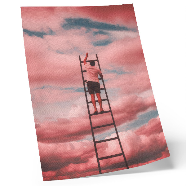 Eleganten plakat za dnevno sobo Oseba na lestvi, rožnati oblaki, nebo, sanje