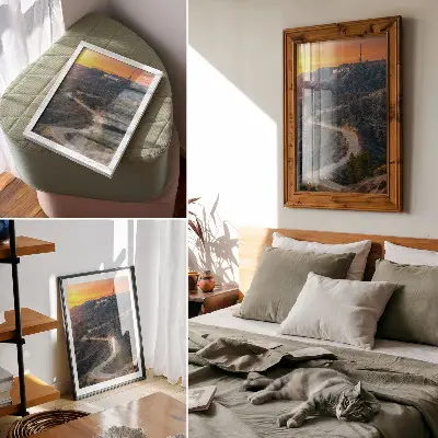 Plakat napis na hribih ob sončnem zahodu s pogledom na cesto