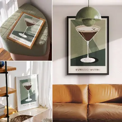 Eleganten plakat za dnevno sobo z motivom modernih martinijev v zeleni, bež in beli barvi