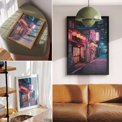 Plakat za dnevno sobo očarljiva nočna mestna ulica z neonskimi lučmi