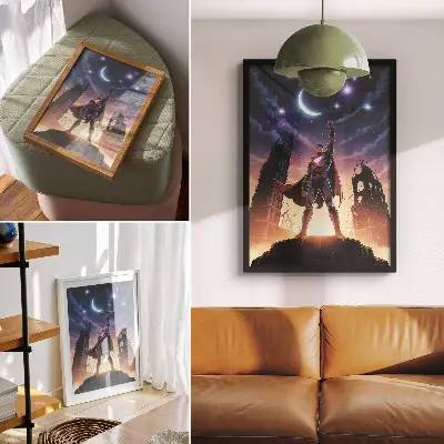Stenski plakat nočno nebo z dinamično figuro in skrivnostnimi ruševinami