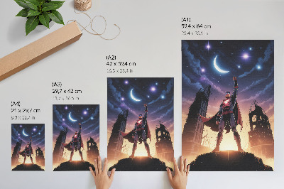 Premium stenski plakat Nočno nebo, dinamična figura, skrivnostne ruševine