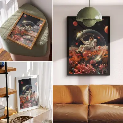 Plakat Astronavt z vesoljskimi rastlinami eleganten dekor za dnevno sobo