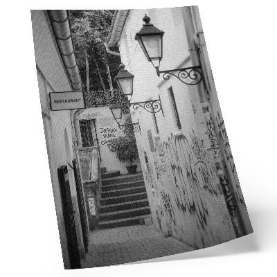 Eleganten plakat za dnevno sobo Črno-bela ulica z grafiti in uličnimi svetilkami