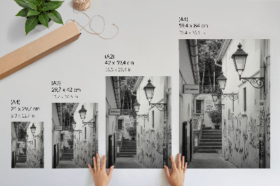 Eleganten plakat za dnevno sobo Črno-bela ulica z grafiti in uličnimi svetilkami