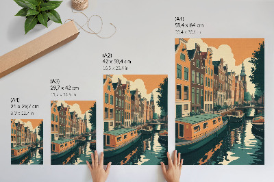 Eleganten plakat za dnevno sobo Stanovanjske hiše nad kanalom, ki se zrcalijo v vodi