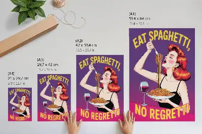 Stenski plakat barvita ženska uživa v špagetih in vinu