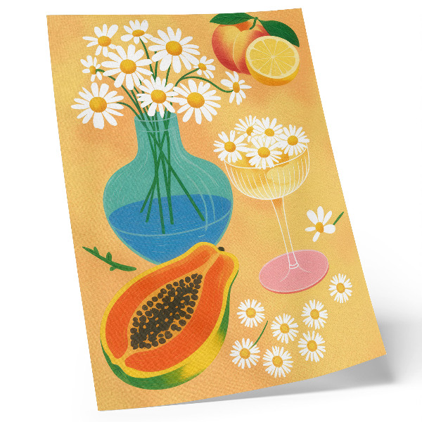 Premium stenski plakat Sočno sadje, pisane marjetice, ilustrativni slog