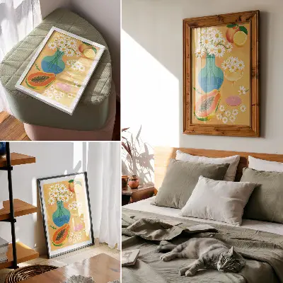 Premium stenski plakat sočno sadje s pisanimi marjeticami v ilustrativnem slogu