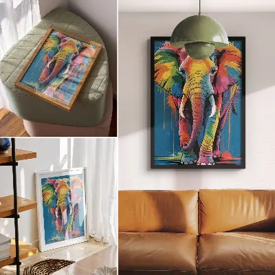 Eleganten plakat za dnevno sobo z motivom barvitega slona v kontrastnih in intenzivnih barvah