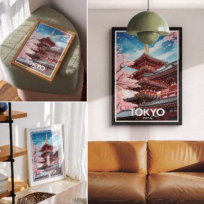 Eleganten plakat za dnevno sobo Pagoda Arhitektura Rožnate rože Harmonija
