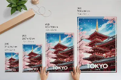 Plakat Pagoda arhitektura z rožnatimi rožami elegantna dekoracija za dnevno sobo