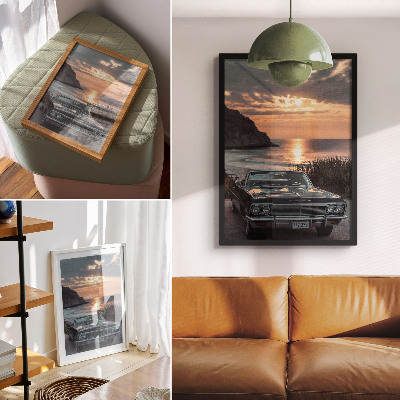 Eleganten plakat za dnevno sobo Retro avto sončni zahod morje nostalgičen