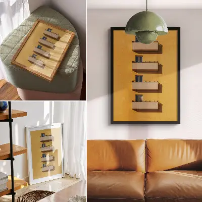 Premium stenski plakat rumena fasada s štirimi balkoni v minimalistični kompoziciji