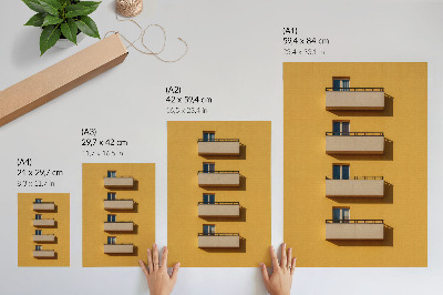 Premium stenski plakat Rumena fasada, štirje balkoni, minimalistična kompozicija