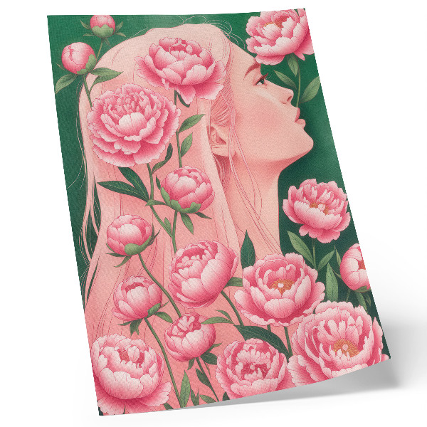 Eleganten plakat za dnevno sobo Ženska med rožnatimi potonikami na zelenem ozadju
