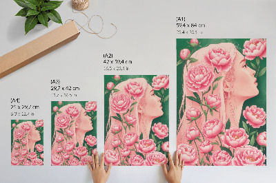 Eleganten plakat za dnevno sobo Ženska med rožnatimi potonikami na zelenem ozadju