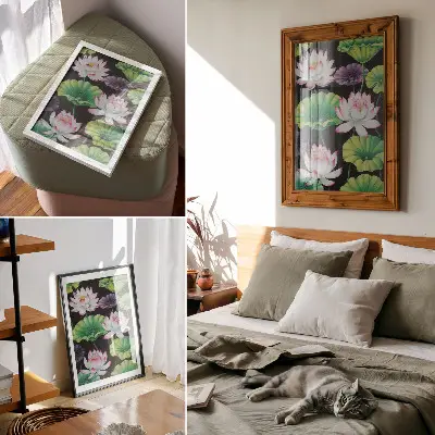 Eleganten plakat za dnevno sobo z motivom lepote narave, cvetja in zelenih listov