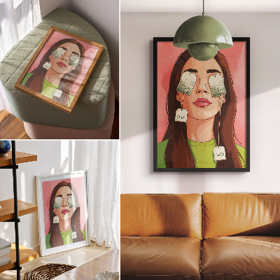 Premium stenski plakat Barvito ozadje z zelenimi detajli in figuro s čajem