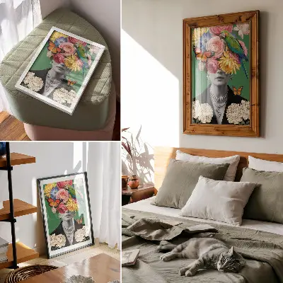 Umetniški tisk na platno z motivom rož, ptic, elegantnih figur in nadrealizma