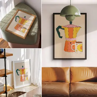 Geometrični lonček in vrček za kavo v živih in optimističnih barvah, premium stenski plakat