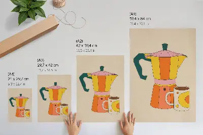 Geometrični lonček in vrček za kavo v živih in optimističnih barvah, premium stenski plakat