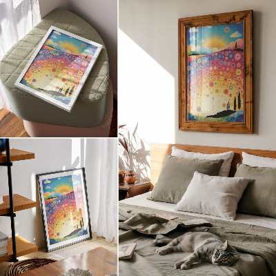 Premium stenski plakat Energični mavrični krogi na ozadju sončnega zahoda