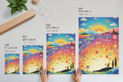 Premium stenski plakat Energični mavrični krogi na ozadju sončnega zahoda