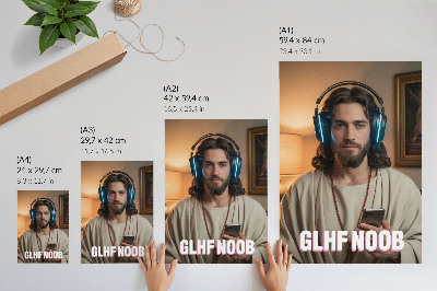 Premium stenski plakat Moški s slušalkami na pametnem telefonu z napisom rožnega venca