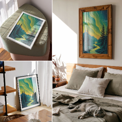 Premium stenski plakat Aurora na ozadju gozda in reke, harmonične barve