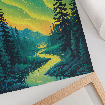 Premium stenski plakat Aurora na ozadju gozda in reke, harmonične barve