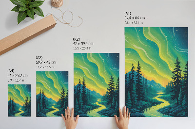 Premium stenski plakat Aurora na ozadju gozda in reke, harmonične barve