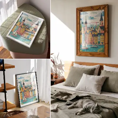 Plakat barvite stavbe ob mirni vodi v mili klimi
