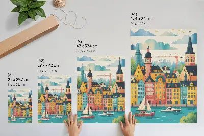 Plakat barvite stavbe ob mirni vodi v mili klimi