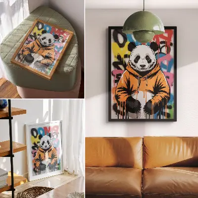 Premium stenski plakat panda v grafiti puloverju z uličnim slogom