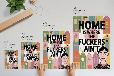 Eleganten plakat za dnevno sobo z motivom barvitih geometrijskih hiš z zaprtimi očmi