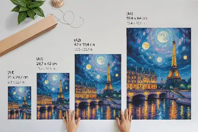 Plakat za dnevno sobo pariz ponoči s polno luno in Eifflovim stolpom
