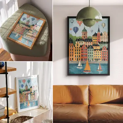 Eleganten plakat za dnevno sobo z motivom hiš, balonov in jadrnic v barvitem vzdušju