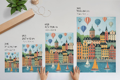 Eleganten plakat za dnevno sobo Stanovanjske hiše, baloni, jadrnice, barvito vzdušje