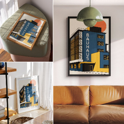 Umetniški tisk na platno Temno modra stavba Bauhaus z rumenimi poudarki in modernostjo