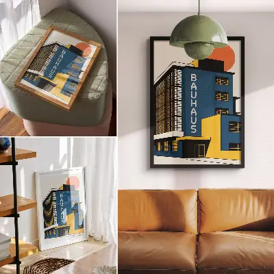Umetniški tisk na platno temno modra zgradba v slogu Bauhaus z rumenimi detajli in modernim pridihom