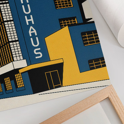 Umetniški tisk na platno Temno modra stavba Bauhaus z rumenimi poudarki in modernostjo