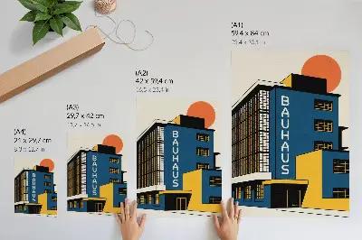 Umetniški tisk na platno temno modra zgradba v slogu Bauhaus z rumenimi detajli in modernim pridihom