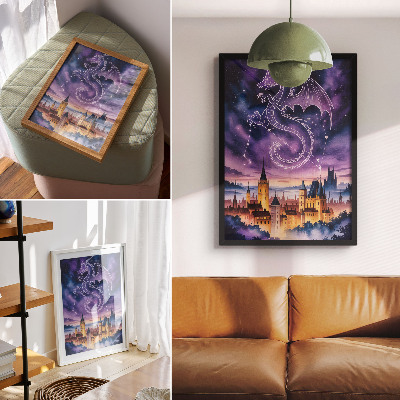 Plakat Fantazijski svet zmajev grad nebo zvezde vesolje