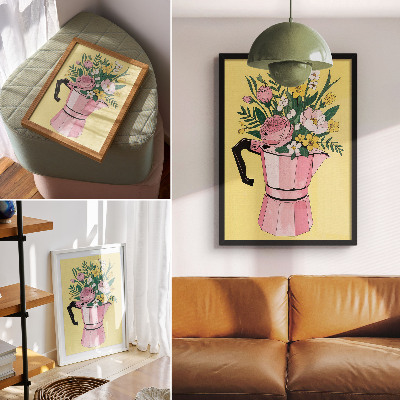 Eleganten plakat za dnevno sobo Sodobna ilustracija z roza lončkom za kavo