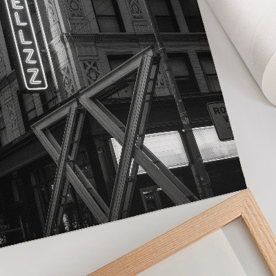 Eleganten plakat za dnevno sobo Črno-bela arhitektura z neonskimi hotelskimi lučmi