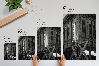 Eleganten plakat za dnevno sobo Črno-bela arhitektura z neonskimi hotelskimi lučmi